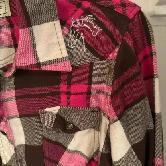 Bit & Bridle women’s snap down plaid shirt pink, brown & white size large - Picture 2 of 10